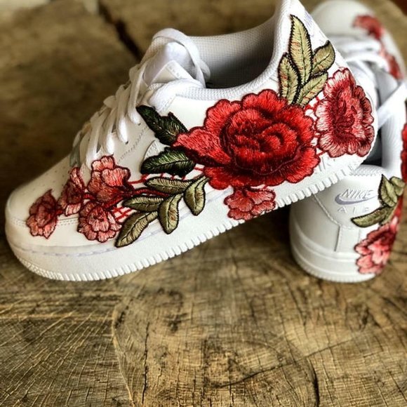 Nike Air Force 1 White Shoes Custom Rose Red Long ? Embroidered Floral Sneakers main image 10